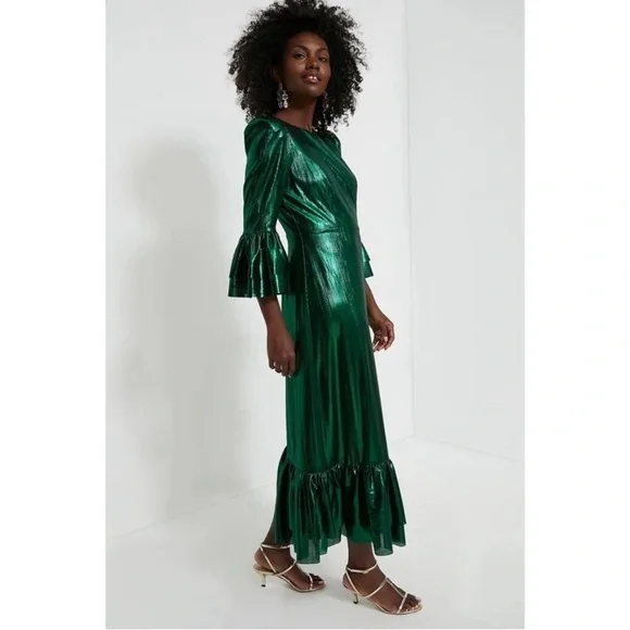 NWT Pomander Place Emerald Crinkle Lurex Midi Dress Size L Holiday Wedding Party - Picture 9 of 9